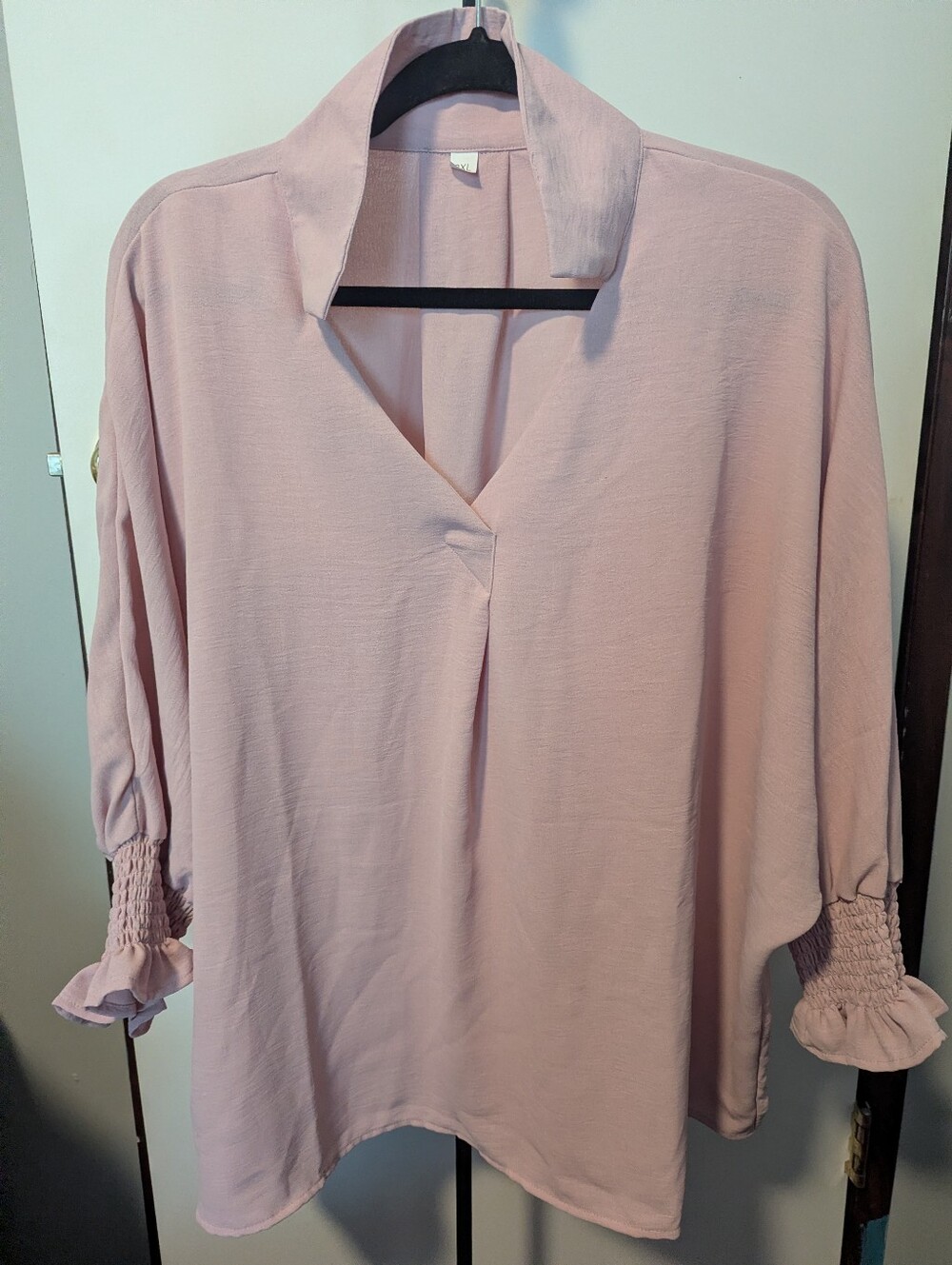 NWOT Light Pink V-Neck Blouse with Smocked Ruffle Cuffs